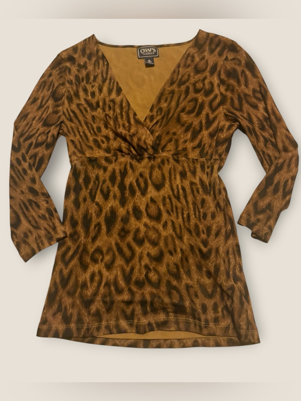 Y2K 90s Chaps Brown Leopard-Print V-Neck Mesh 3/4 Sleeve Top